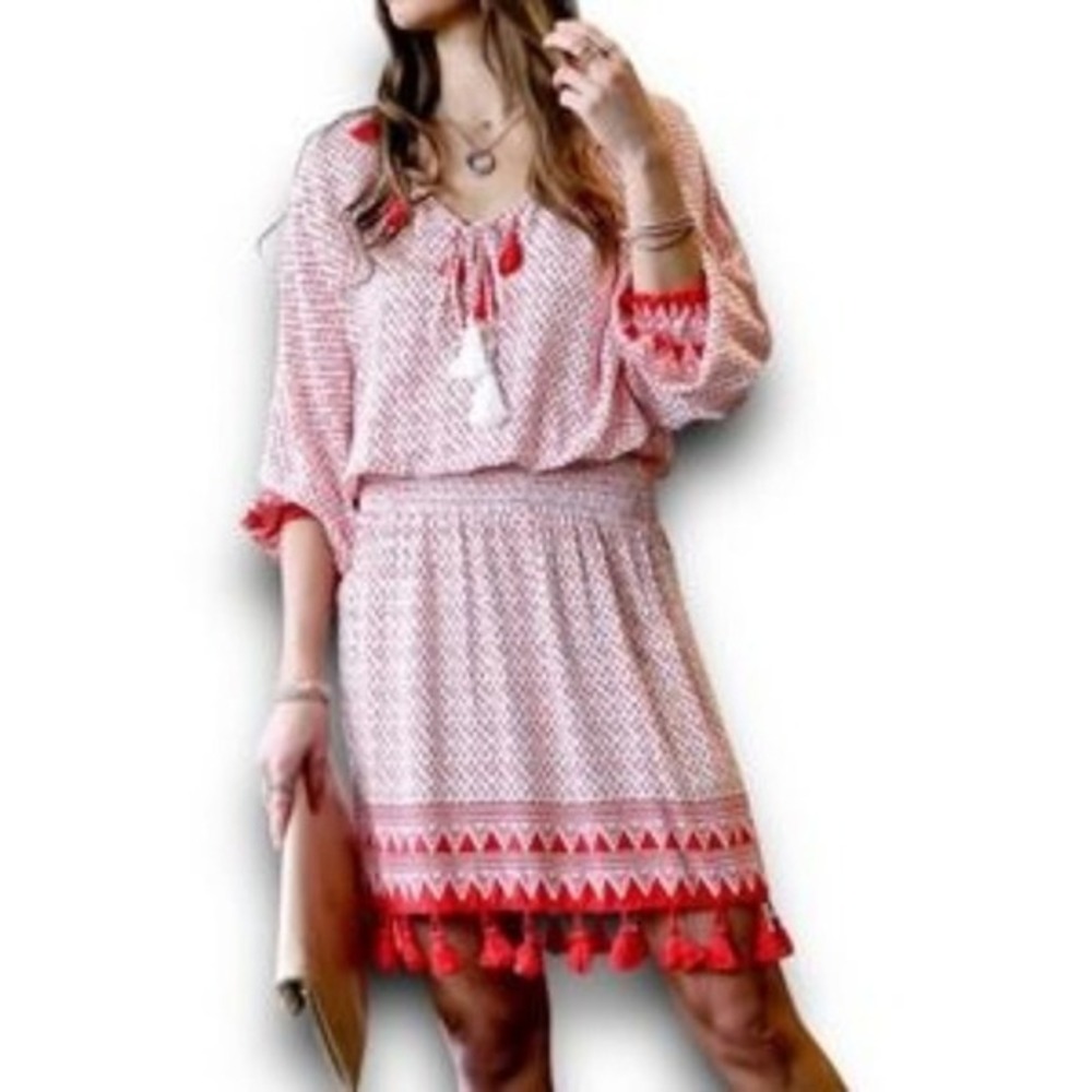 Mazik Red White Geometric Tassel Smocked Waist Boho Mini Dress MK1853 Small‎